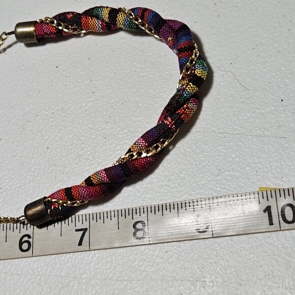 Boho Colorful Chunky Necklace Fabric Wrapped Gold Tone Chain Fashion Jewelry - Picture 5 of 5